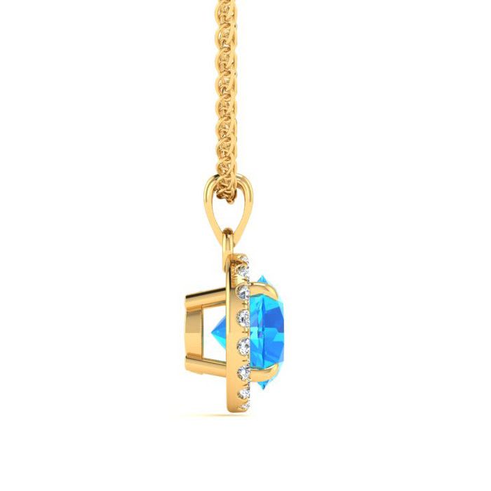 1 Carat Round Shape Blue Topaz and Halo Diamond Necklace In 14 Karat Yellow Gold