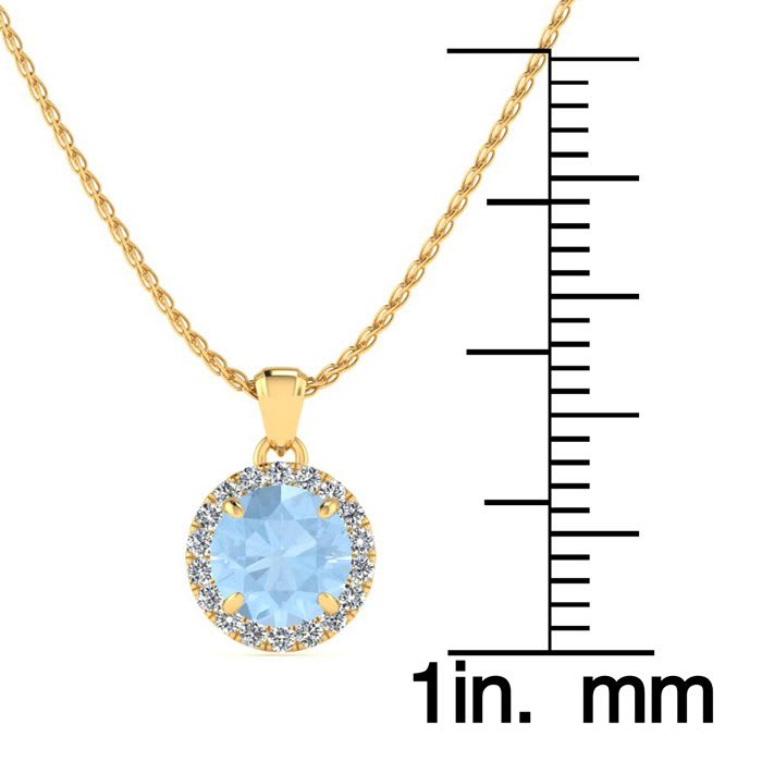 Aquamarine Necklace: Aquamarine Jewelry: 1 Carat Round Shape Aquamarine and Halo Diamond Necklace In 14 Karat Yellow Gold