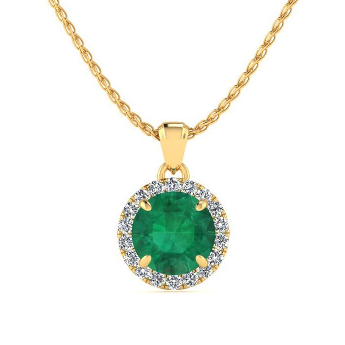 1 Carat Round Shape Emerald Necklaces With Diamond Halo In 14 Karat Yellow Gold, 18 Inch Chain
