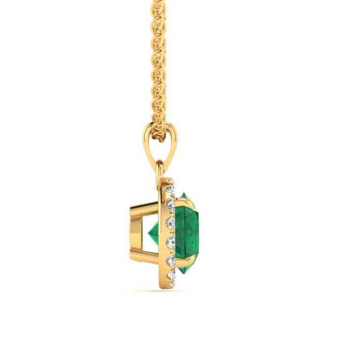 1 Carat Round Shape Emerald Necklaces With Diamond Halo In 14 Karat Yellow Gold, 18 Inch Chain