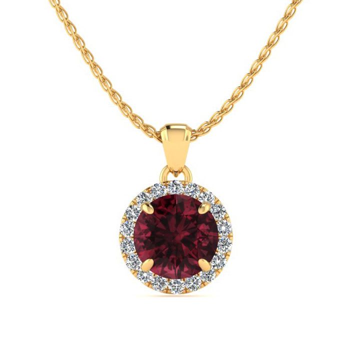 Garnet Necklace: Garnet Jewelry: 1 1/4 Carat Round Shape Garnet and Halo Diamond Necklace In 14 Karat Yellow Gold