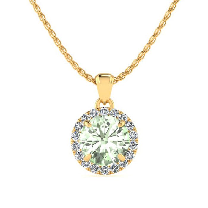 3/4 Carat Round Shape Green Amethyst and Halo Diamond Necklace In 14 Karat Yellow Gold