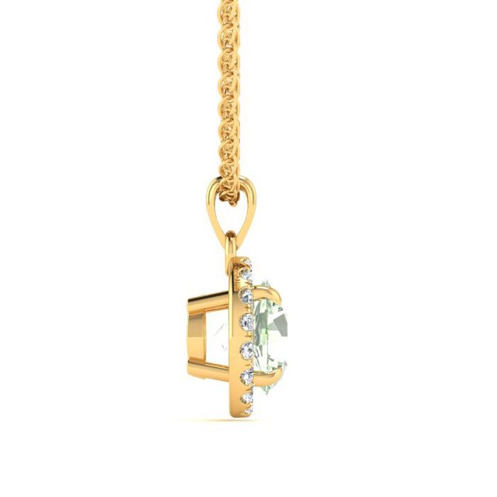 3/4 Carat Round Shape Green Amethyst and Halo Diamond Necklace In 14 Karat Yellow Gold