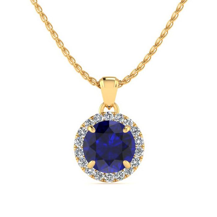 1 Carat Round Shape Sapphire and Halo Diamond Necklace In 14 Karat Yellow Gold