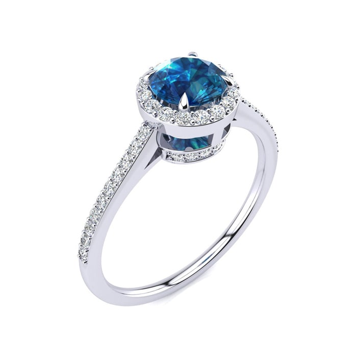 1 Carat Blue Diamond Halo Engagement Ring in 14k White Gold