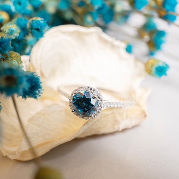 1 Carat Blue Diamond Halo Engagement Ring in 14k White Gold