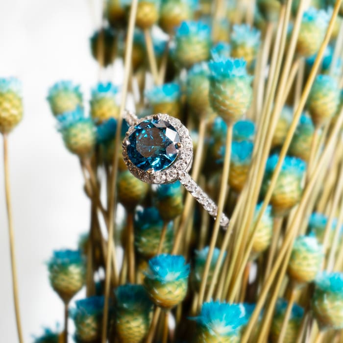 1 Carat Blue Diamond Halo Engagement Ring in 14k White Gold