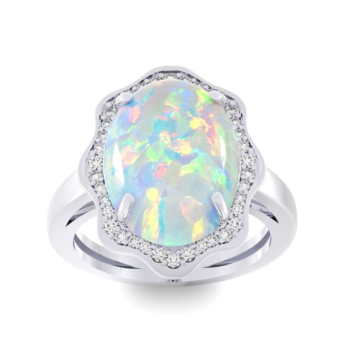 Opal Ring Opal Ring with Halo Diamonds In 14 Karat White Gold