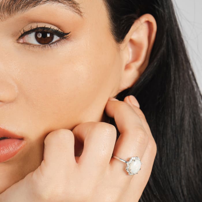 1-2/3 Carat Opal Ring and Halo Diamonds In 14 Karat White Gold