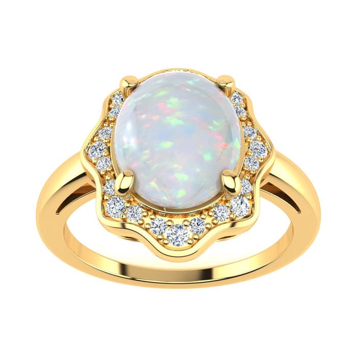 1-2/3 Carat Opal Ring and Halo Diamonds In 14 Karat Yellow Gold