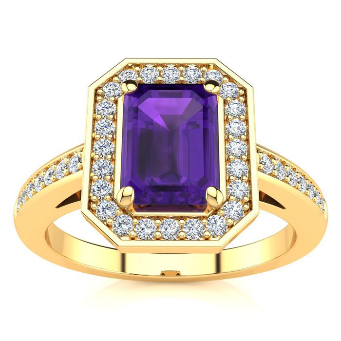 1 Carat Amethyst and Halo Diamond Ring In 14 Karat Yellow Gold