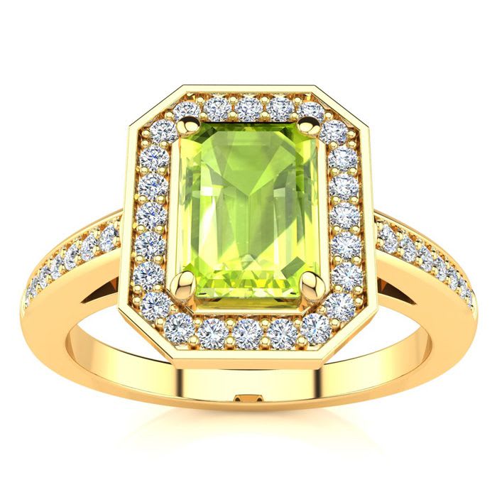1 1/3 Carat Peridot and Halo Diamond Ring In 14 Karat Yellow Gold