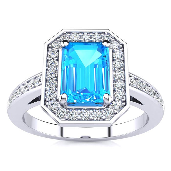 1 1/2 Carat Blue Topaz and Halo Diamond Ring In 14 Karat White Gold