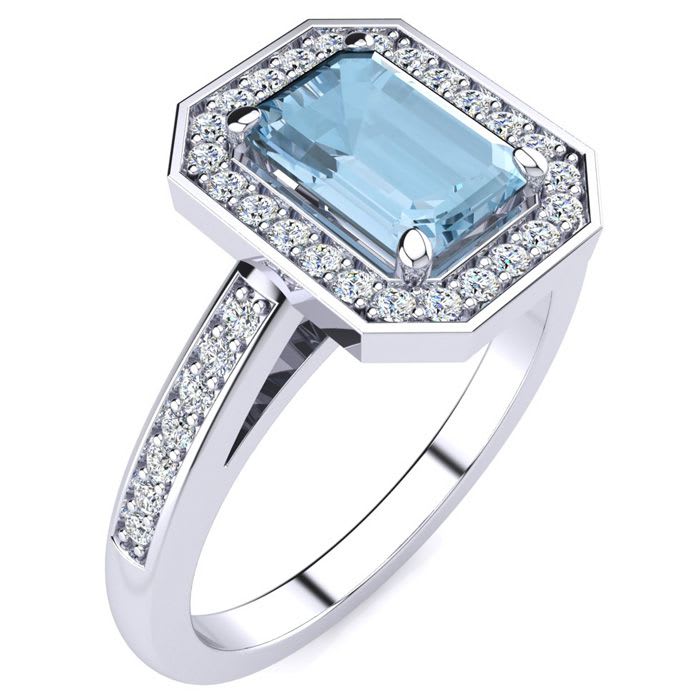 Aquamarine Ring: Aquamarine Jewelry: 1 Carat Aquamarine and Halo Diamond Ring In 14 Karat White Gold