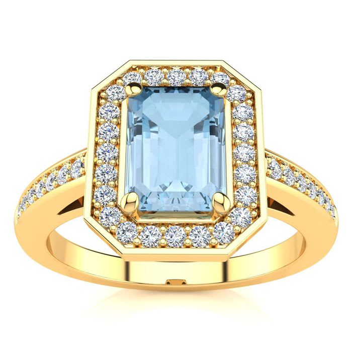 Aquamarine Ring: Aquamarine Jewelry: 1 Carat Aquamarine and Halo Diamond Ring In 14 Karat Yellow Gold