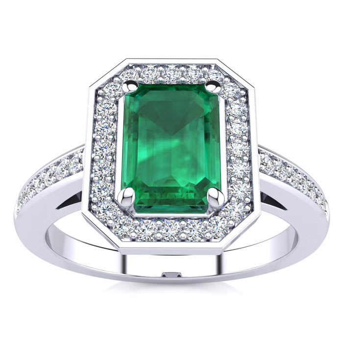 1 Carat Emerald and Halo Diamond Ring In 14 Karat White Gold