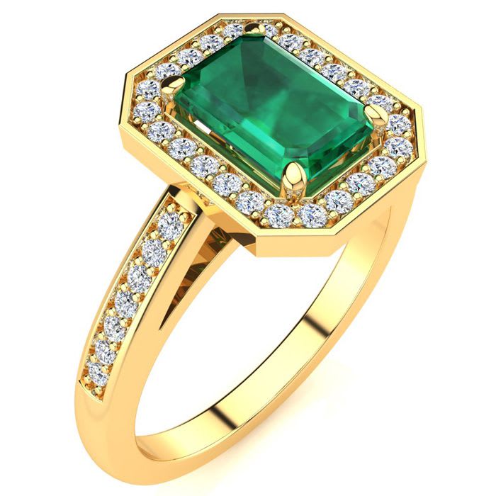 1 Carat Emerald and Halo Diamond Ring In 14 Karat Yellow Gold