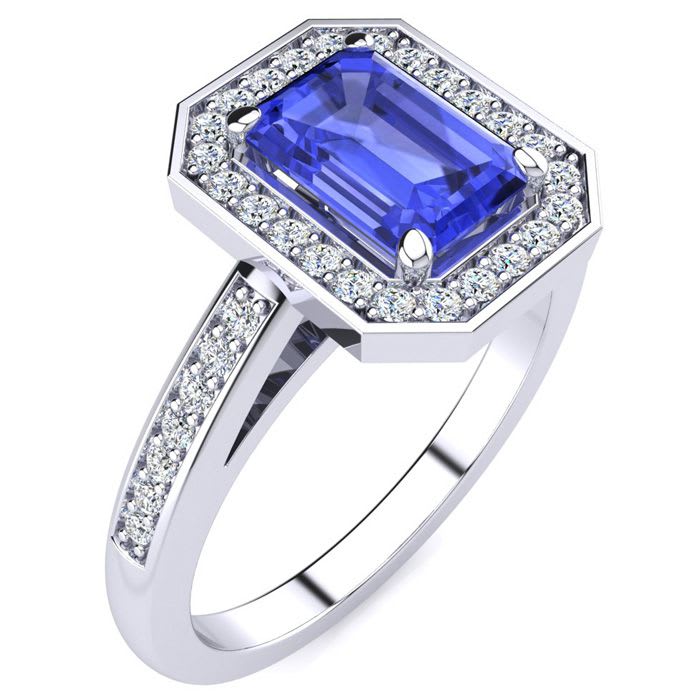 1 1/3 Carat Tanzanite and Halo Diamond Ring In 14 Karat White Gold