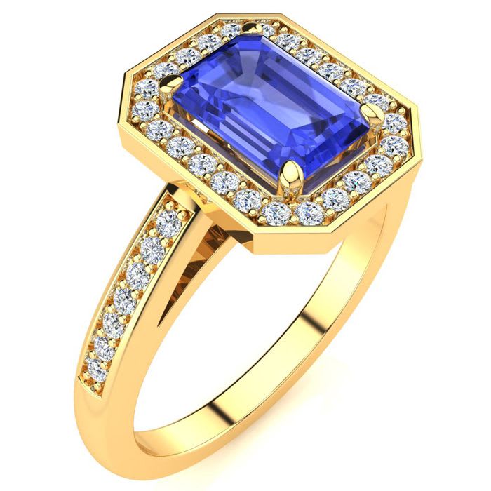 1 1/3 Carat Tanzanite and Halo Diamond Ring In 14 Karat Yellow Gold