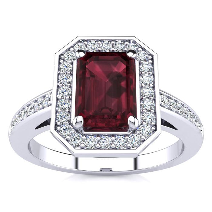 Garnet Ring: Garnet Jewelry: 1 1/2 Carat Garnet and Halo Diamond Ring In 14 Karat White Gold