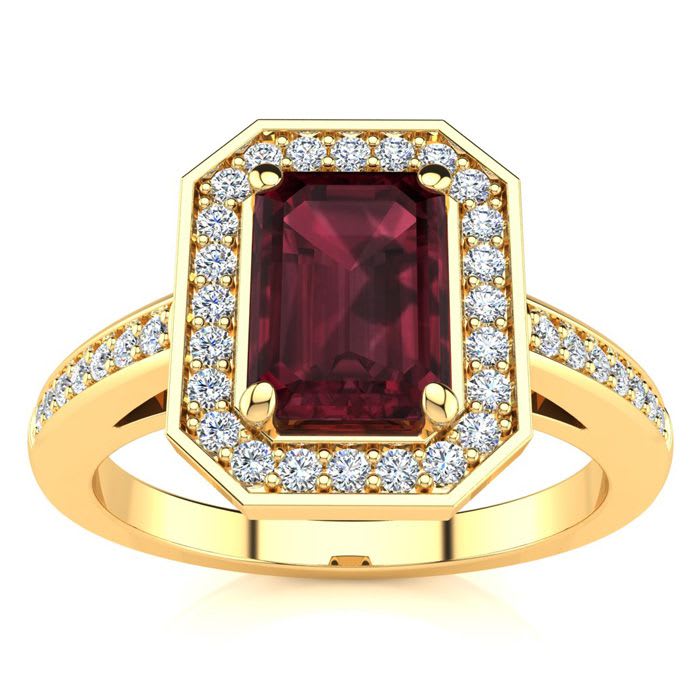 Garnet Ring: Garnet Jewelry: 1 1/2 Carat Garnet and Halo Diamond Ring In 14 Karat Yellow Gold