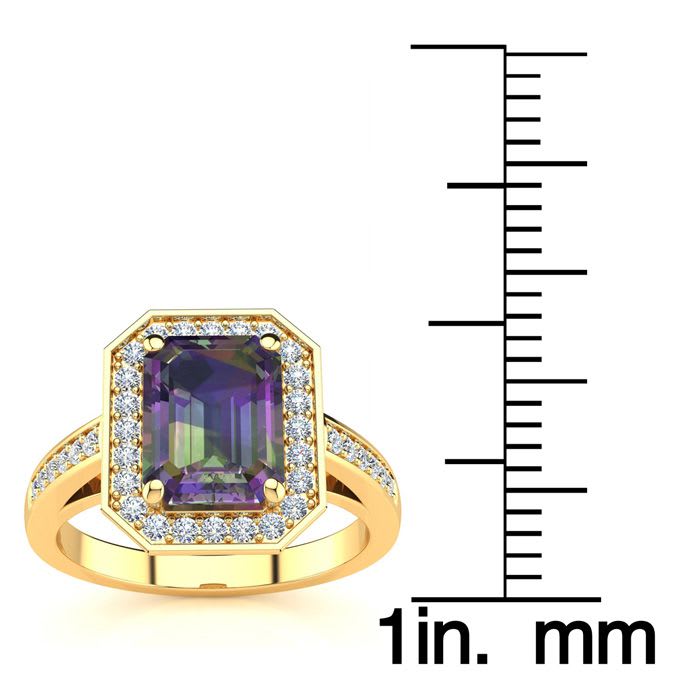 2 Carat Octagon Shape Mystic Topaz Ring With Diamond Halo In 14 Karat Yellow Gold