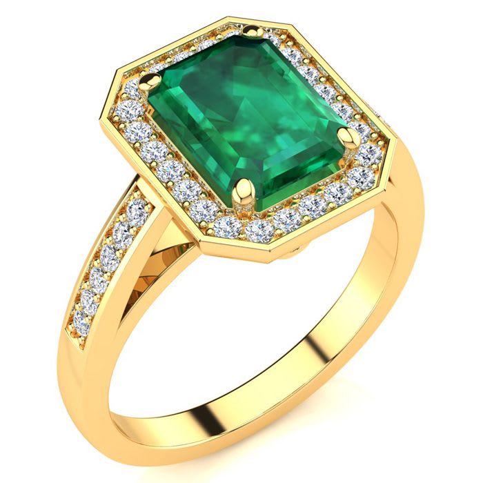 1 3/4 Carat Emerald and Halo Diamond Ring In 14 Karat Yellow Gold