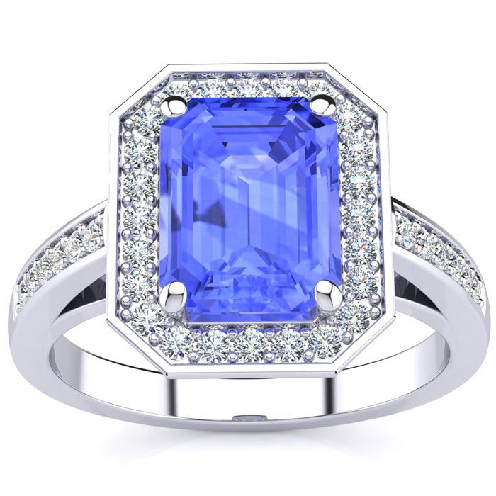 2 Carat Tanzanite and Halo Diamond Ring In 14 Karat White Gold