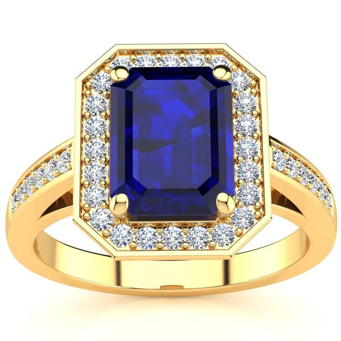 2 1/2 Carat Sapphire and Halo Diamond Ring In 14 Karat Yellow Gold