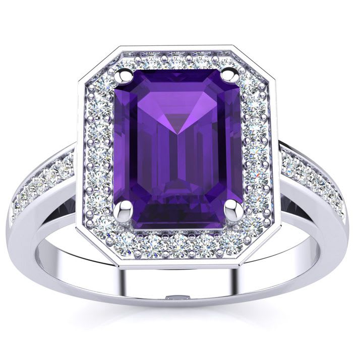 2 1/2 Carat Amethyst and Halo Diamond Ring In 14 Karat White Gold