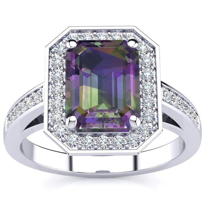 2-1/2 Carat Octagon Shape Mystic Topaz Ring With Diamond Halo In 14 Karat White Gold
