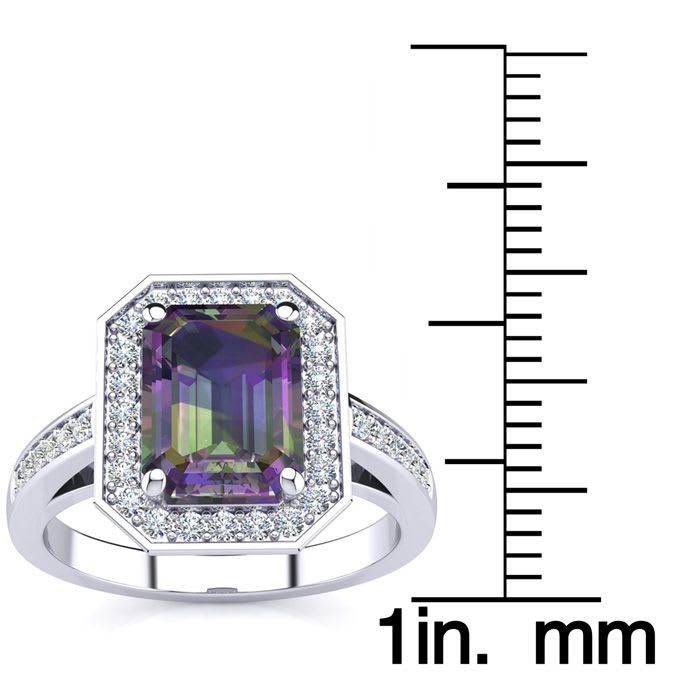 2-1/2 Carat Octagon Shape Mystic Topaz Ring With Diamond Halo In 14 Karat White Gold