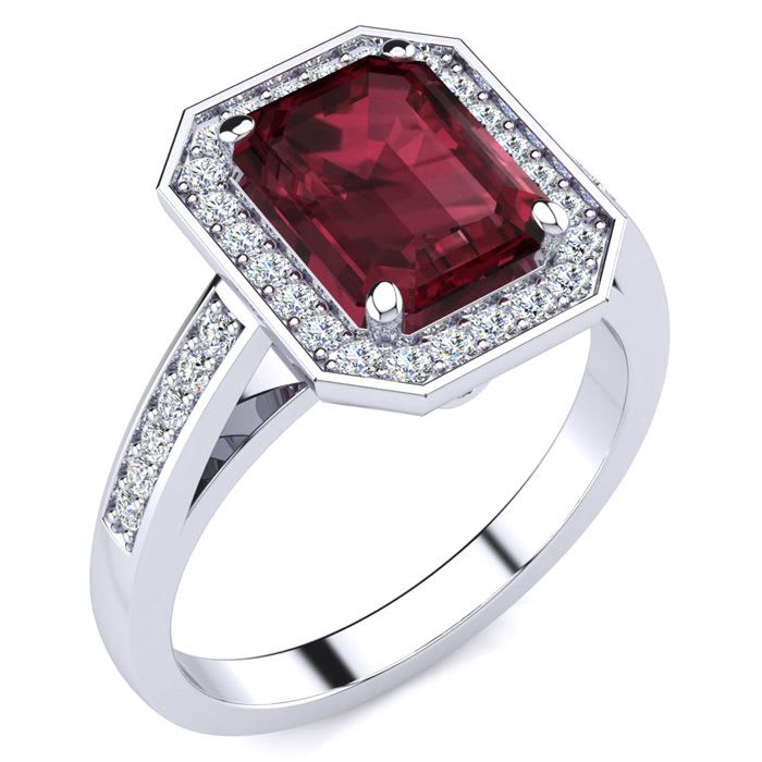 Garnet Ring: Garnet Jewelry: 3 Carat Garnet and Halo Diamond Ring In 14 Karat White Gold