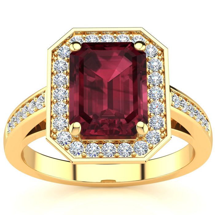 Garnet Ring: Garnet Jewelry: 3 Carat Garnet and Halo Diamond Ring In 14 Karat Yellow Gold