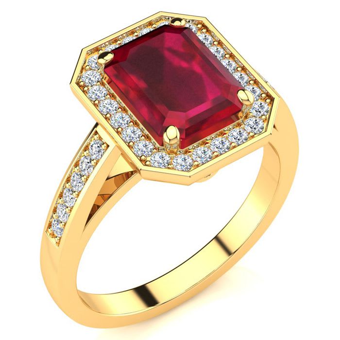 3 1/3 Carat Ruby and Halo Diamond Ring In 14 Karat Yellow Gold
