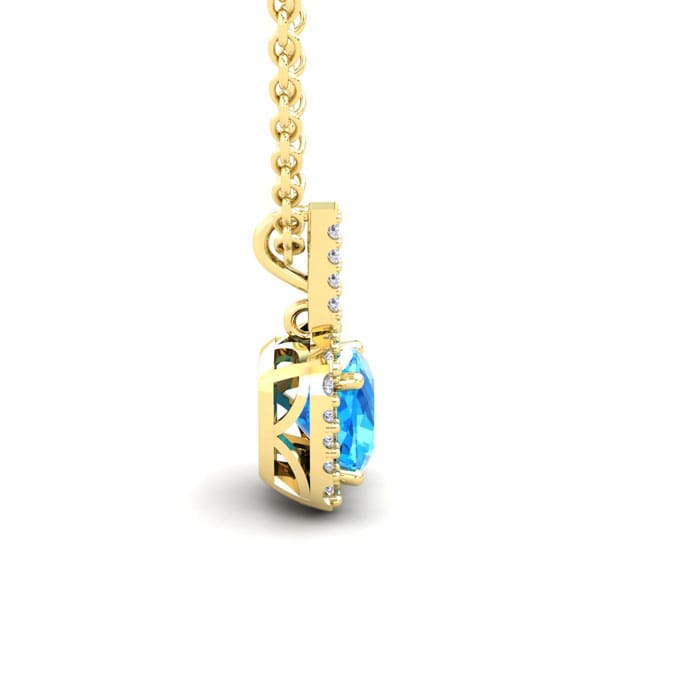 1 1/4 Carat Cushion Cut Blue Topaz and Halo Diamond Necklace In 14 Karat Yellow Gold, 18 Inches