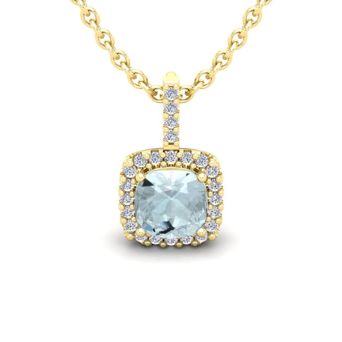 Aquamarine Necklace: Aquamarine Jewelry: 1 Carat Cushion Cut Aquamarine and Halo Diamond Necklace In 14 Karat Yellow Gold, 18 Inches