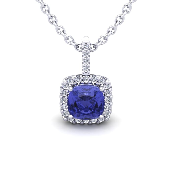 1 Carat Cushion Cut Tanzanite and Halo Diamond Necklace In 14 Karat White Gold, 18 Inches