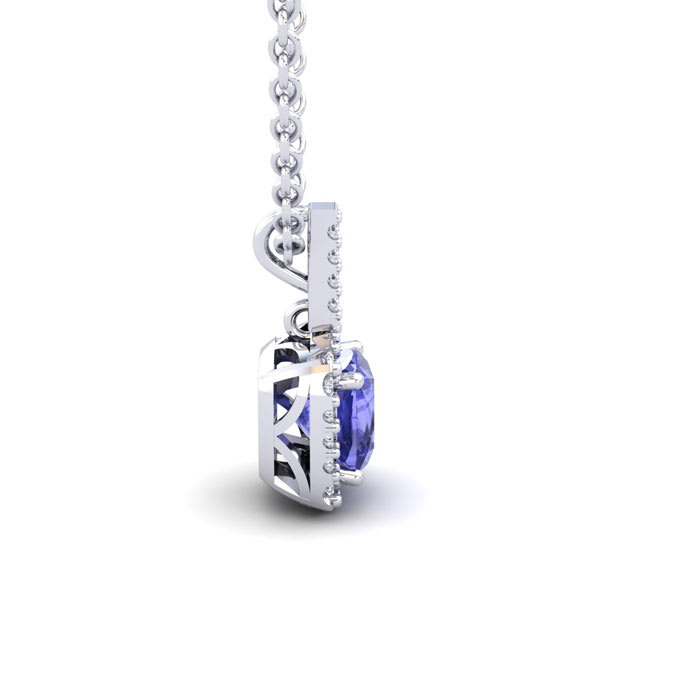 1 Carat Cushion Cut Tanzanite and Halo Diamond Necklace In 14 Karat White Gold, 18 Inches