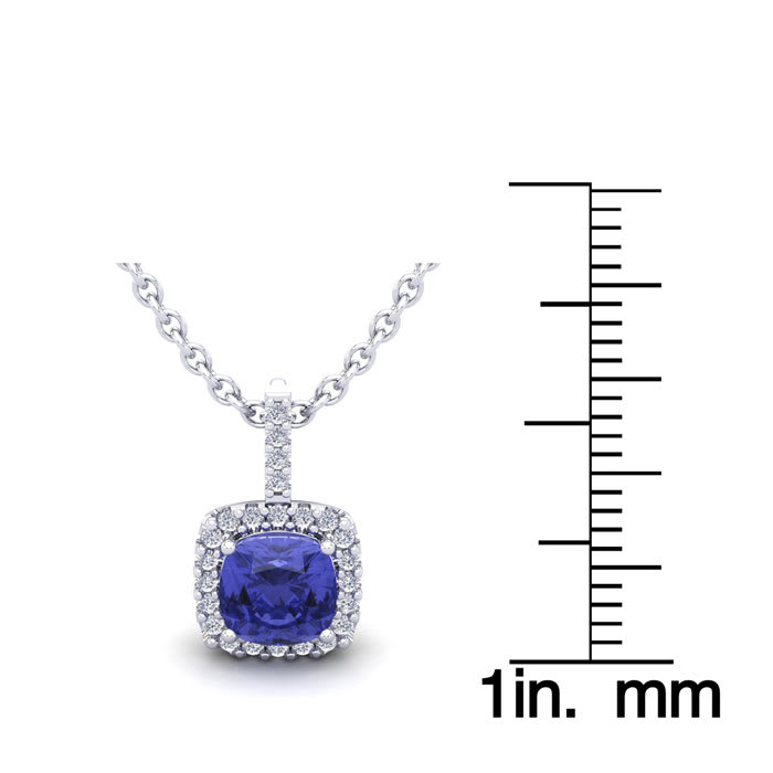 1 Carat Cushion Cut Tanzanite and Halo Diamond Necklace In 14 Karat White Gold, 18 Inches