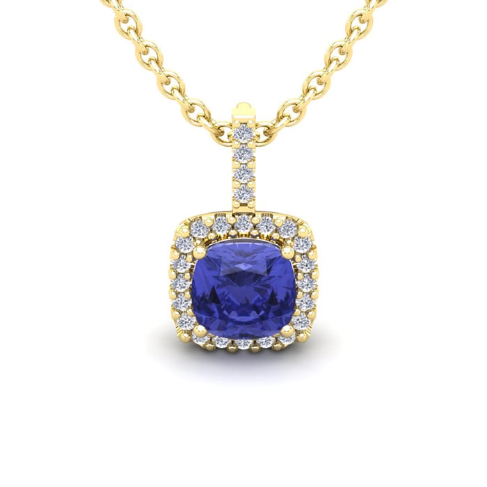 1 Carat Cushion Cut Tanzanite and Halo Diamond Necklace In 14 Karat Yellow Gold, 18 Inches