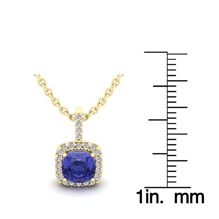 1 Carat Cushion Cut Tanzanite and Halo Diamond Necklace In 14 Karat Yellow Gold, 18 Inches