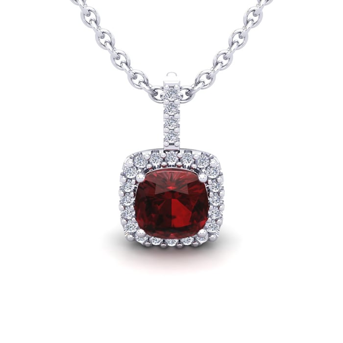 Garnet Necklace: Garnet Jewelry: 1 1/4 Carat Cushion Cut Garnet and Halo Diamond Necklace In 14 Karat White Gold, 18 Inches
