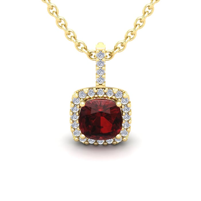 Garnet Necklace: Garnet Jewelry: 1 1/4 Carat Cushion Cut Garnet and Halo Diamond Necklace In 14 Karat Yellow Gold, 18 Inches
