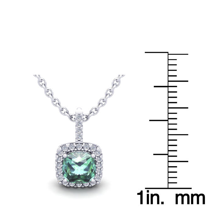 1 Carat Cushion Cut Green Amethyst and Halo Diamond Necklace In 14 Karat White Gold, 18 Inches