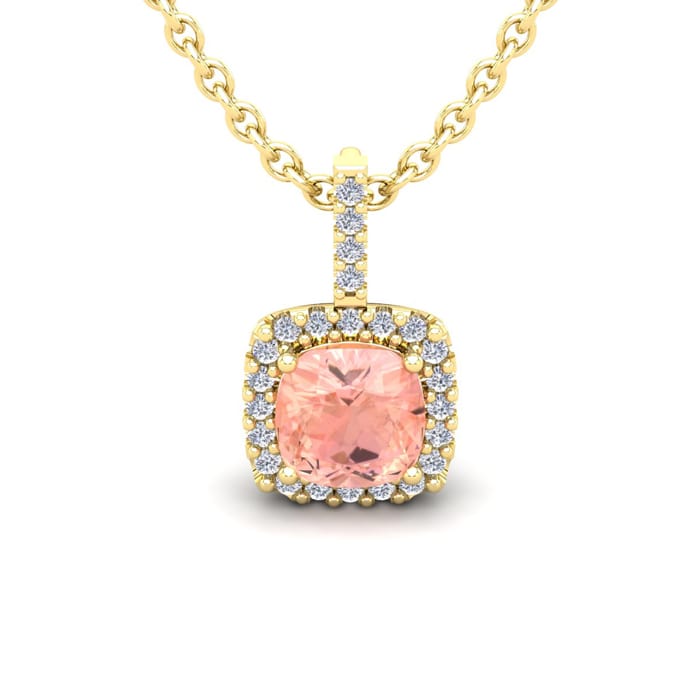 1 Carat Cushion Shape Morganite Necklace with Diamond Halo In 14 Karat Yellow Gold With 18 Inch Chain