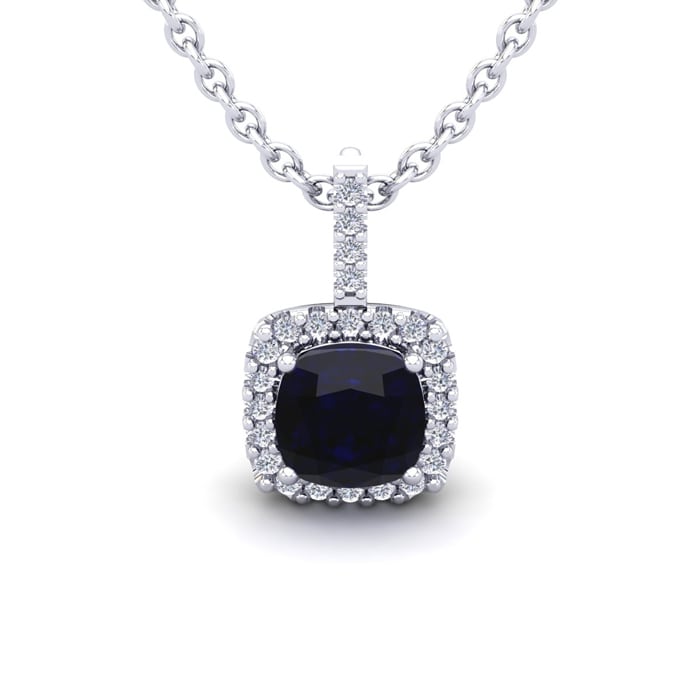 1 1/4 Carat Cushion Cut Sapphire and Halo Diamond Necklace In 14 Karat White Gold, 18 Inches