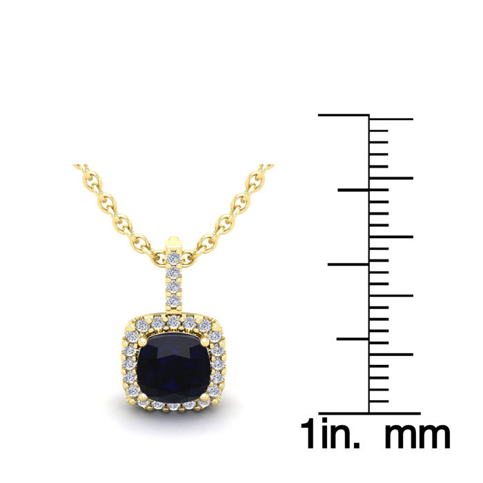 1 1/4 Carat Cushion Cut Sapphire and Halo Diamond Necklace In 14 Karat Yellow Gold, 18 Inches