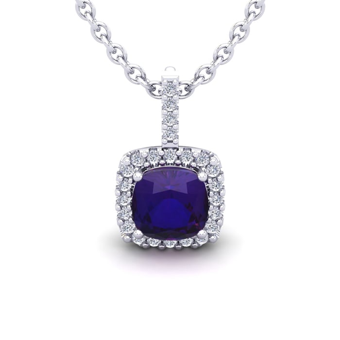 1 3/4 Carat Cushion Cut Amethyst and Halo Diamond Necklace In 14 Karat White Gold, 18 Inches