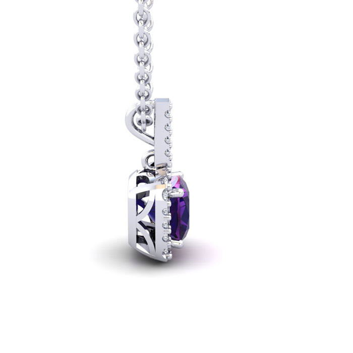 1 3/4 Carat Cushion Cut Amethyst and Halo Diamond Necklace In 14 Karat White Gold, 18 Inches